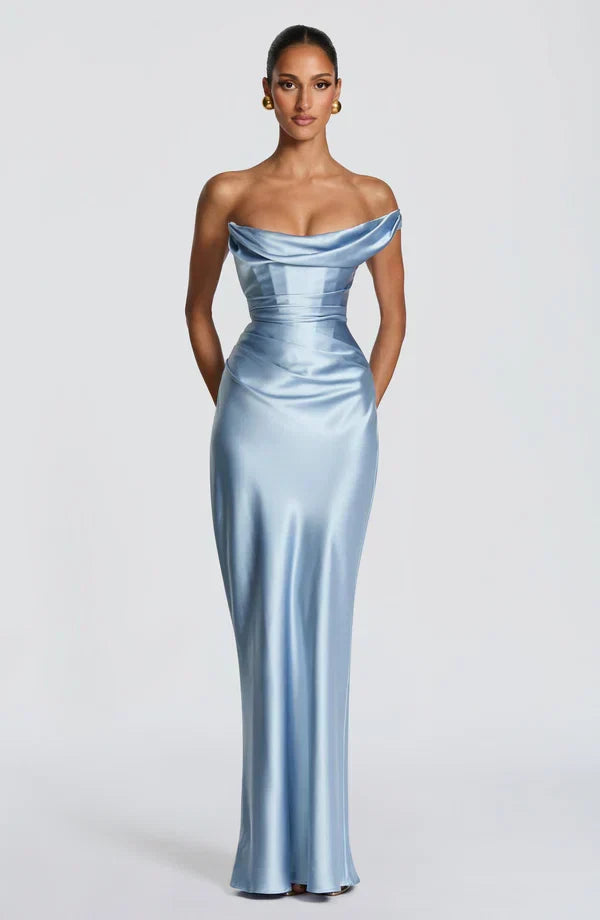 Adele Satin Maxi Dress with Draped Strapless Bodice - Blue White