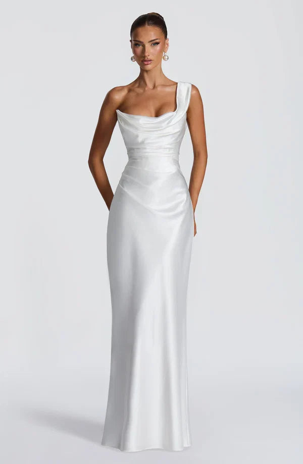 Adele Satin Maxi Dress with Draped Strapless Bodice - White