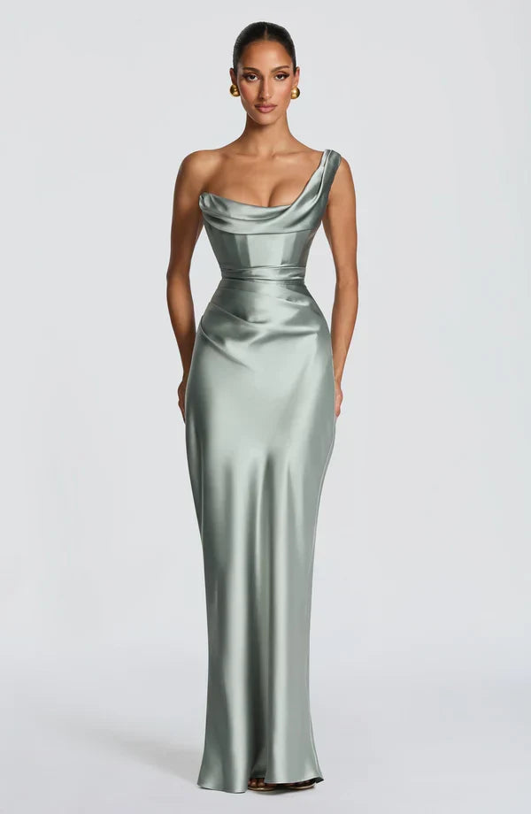 Adele Satin Maxi Dress with Draped Strapless Bodice