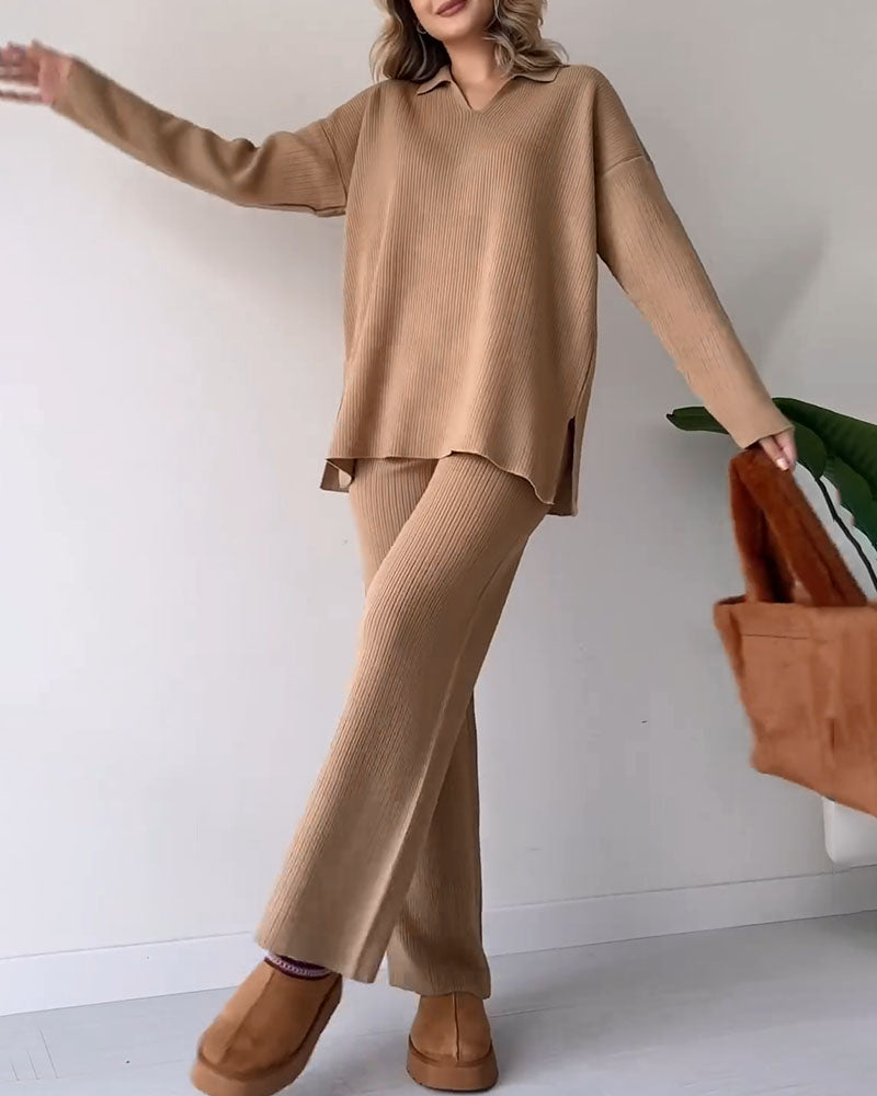 Alira Knit Lounge Set with Relaxed Top and Wide Pants - Khaki