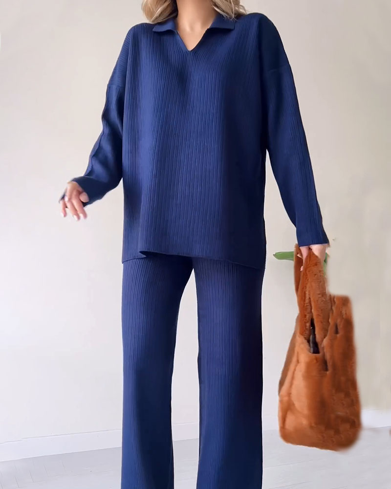 Alira Knit Lounge Set with Relaxed Top and Wide Pants - Navy