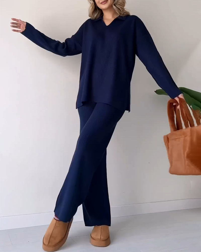 Alira Knit Lounge Set with Relaxed Top and Wide Pants - Black