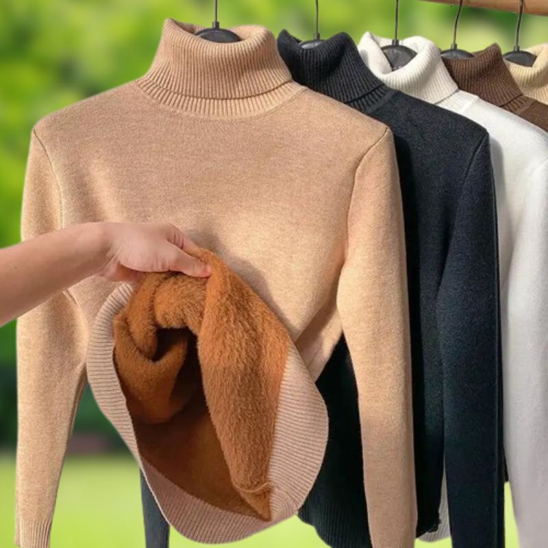 Amelia Turtleneck Sweater with Plush Lining for Women - Beige