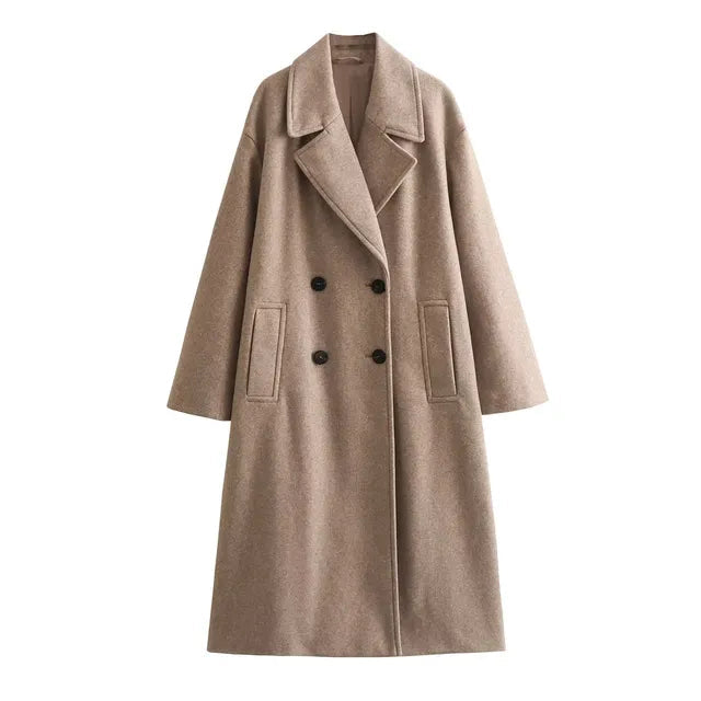 Aria Double-Breasted Coat with Wide Lapels for Women - Khaki