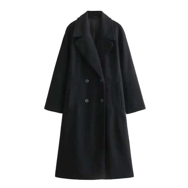 Aria Double-Breasted Coat with Wide Lapels for Women - Black