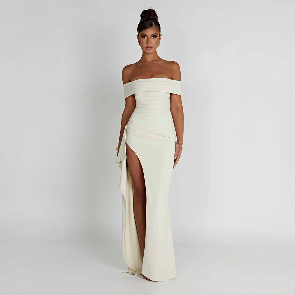 Aurelia Maxi Dress with Off-Shoulder Neckline and Slit - White