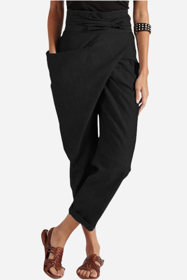 Bella High-Waist Tapered Pants with Wrap Waistband - Black