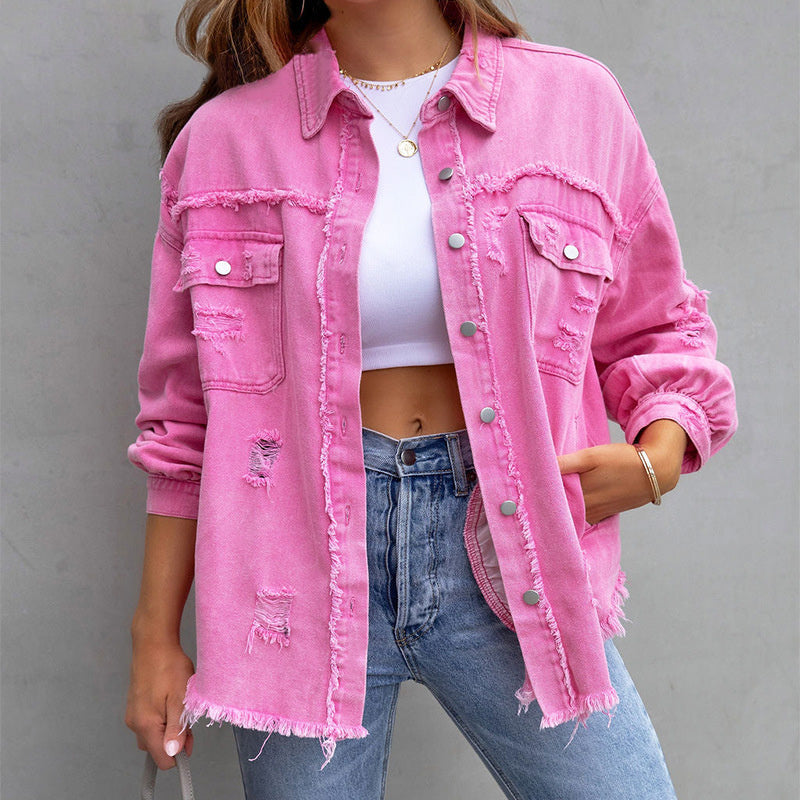 Billie Denim Jacket with Chest Pockets and Frayed Hem - Pink