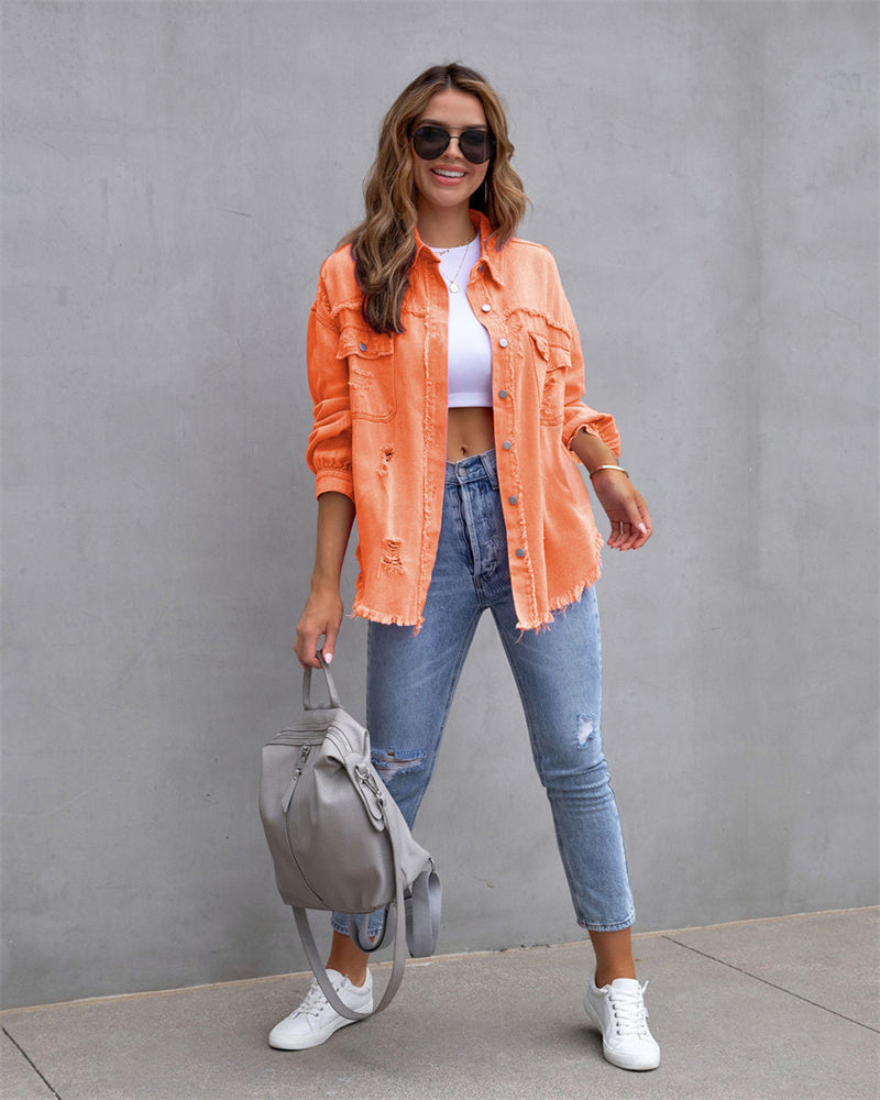 Billie Denim Jacket with Chest Pockets and Frayed Hem