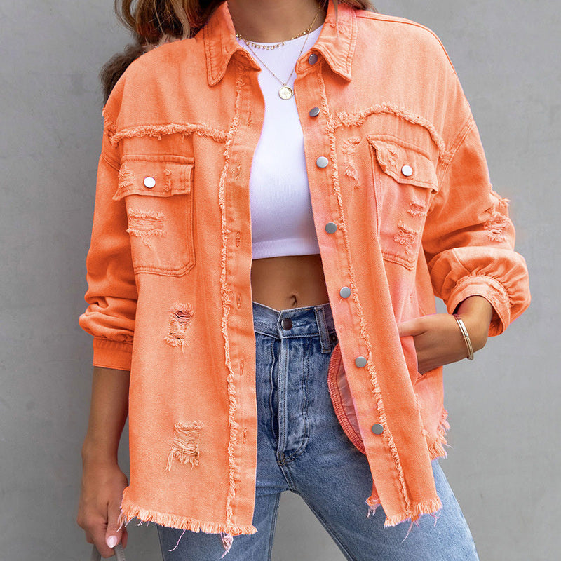 Billie Denim Jacket with Chest Pockets and Frayed Hem - Orange
