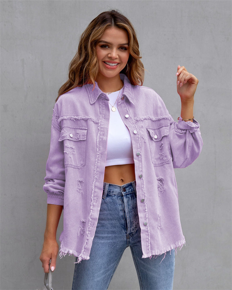 Billie Denim Jacket with Chest Pockets and Frayed Hem