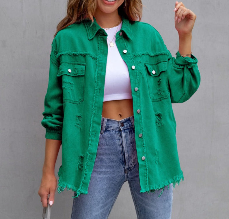 Billie Denim Jacket with Chest Pockets and Frayed Hem - Green