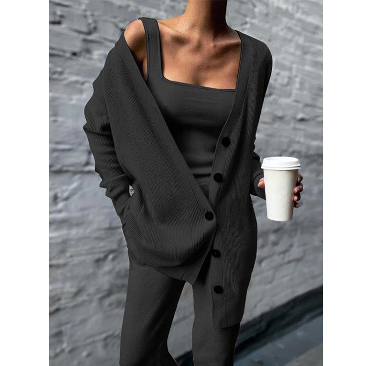 Caitlin Knit Set with Tank and Longline Cardigan - Black