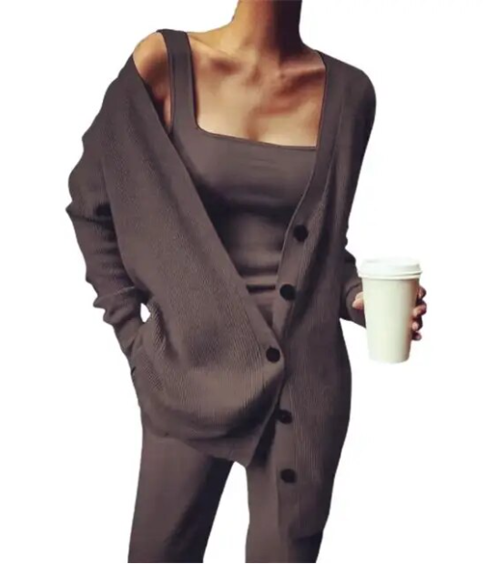 Caitlin Knit Set with Tank and Longline Cardigan - Coffee