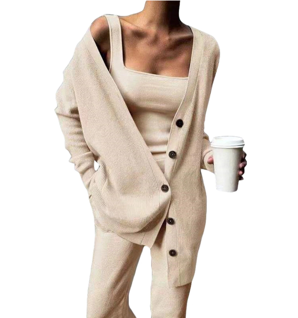 Caitlin Knit Set with Tank and Longline Cardigan - Khaki