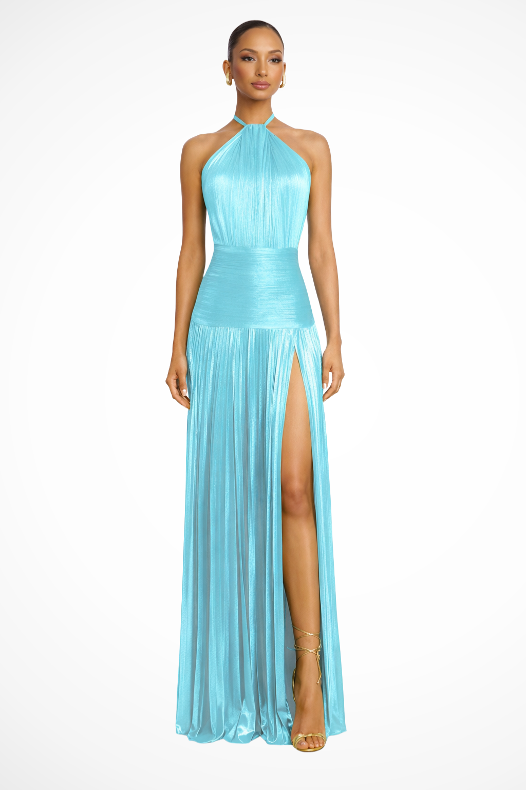 Clara Satin Halter Gown with Pleated Skirt and Slit - Sky Blue