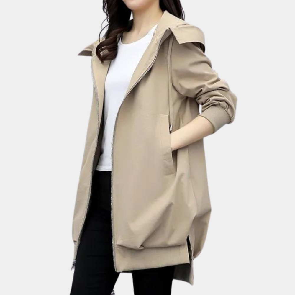Clementine Hooded Longline Jacket with Zip Front - Khaki