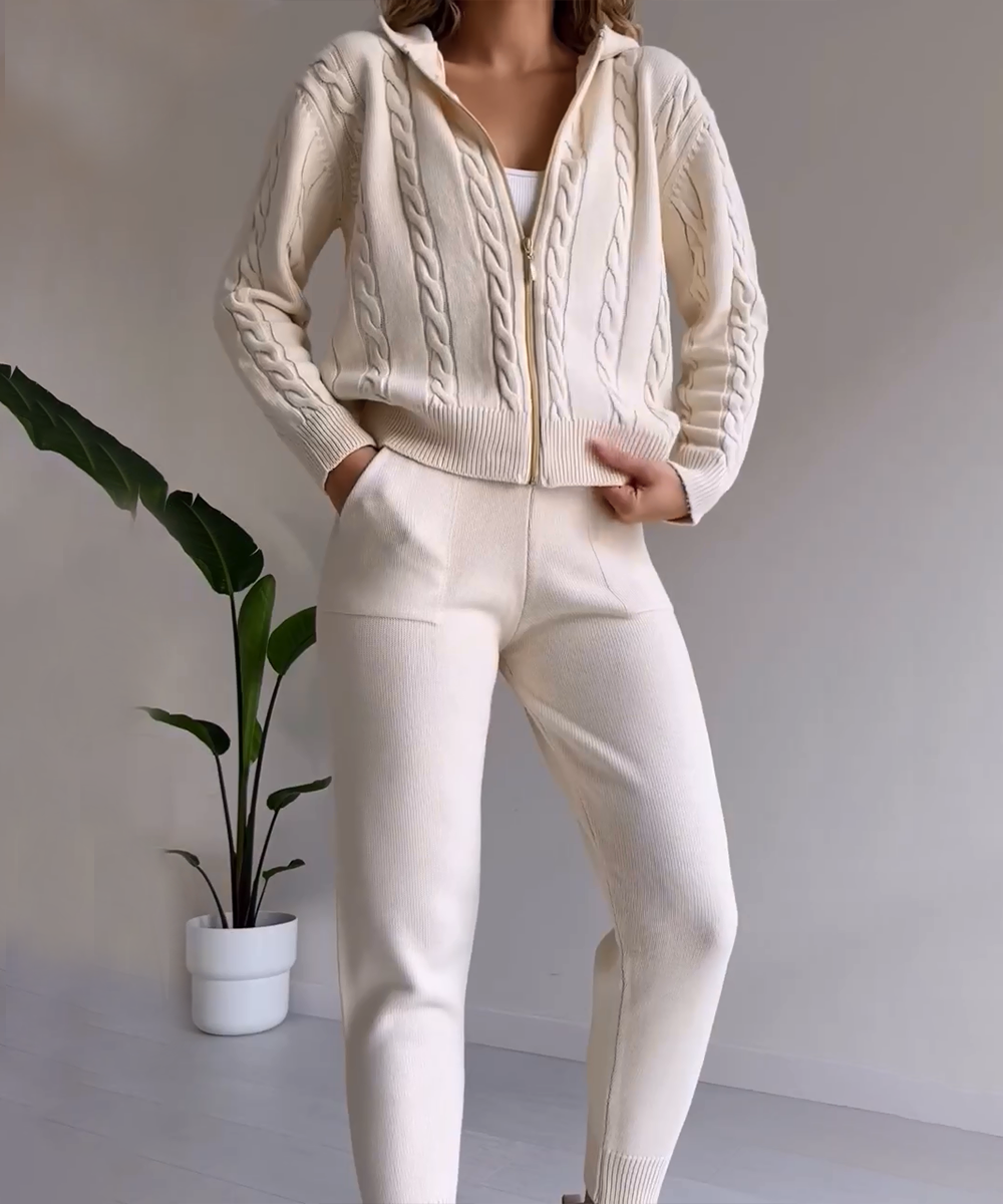 Dagny Cable-Knit Set with Zip Jacket and Tapered Pants