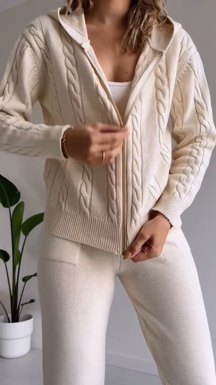 Dagny Cable-Knit Set with Zip Jacket and Tapered Pants