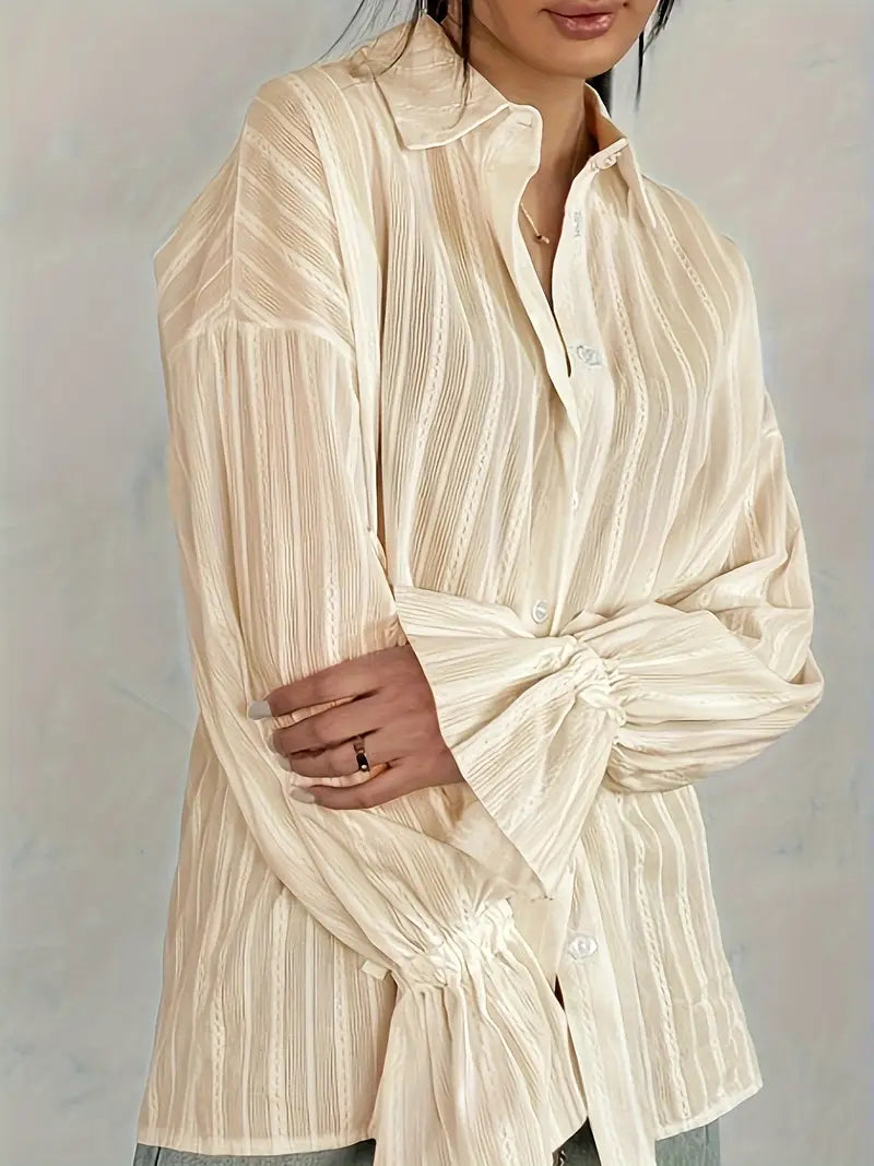 Delilah Striped Satin Blouse with Button Front - Apricot