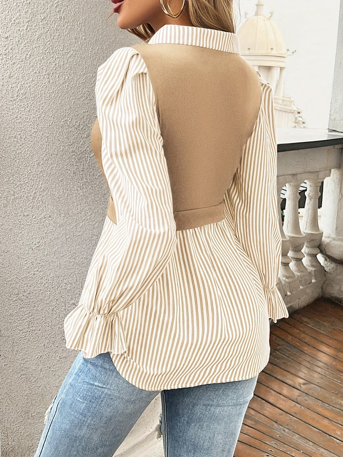 Delphine Striped Blouse with Contrast Knit Bodice