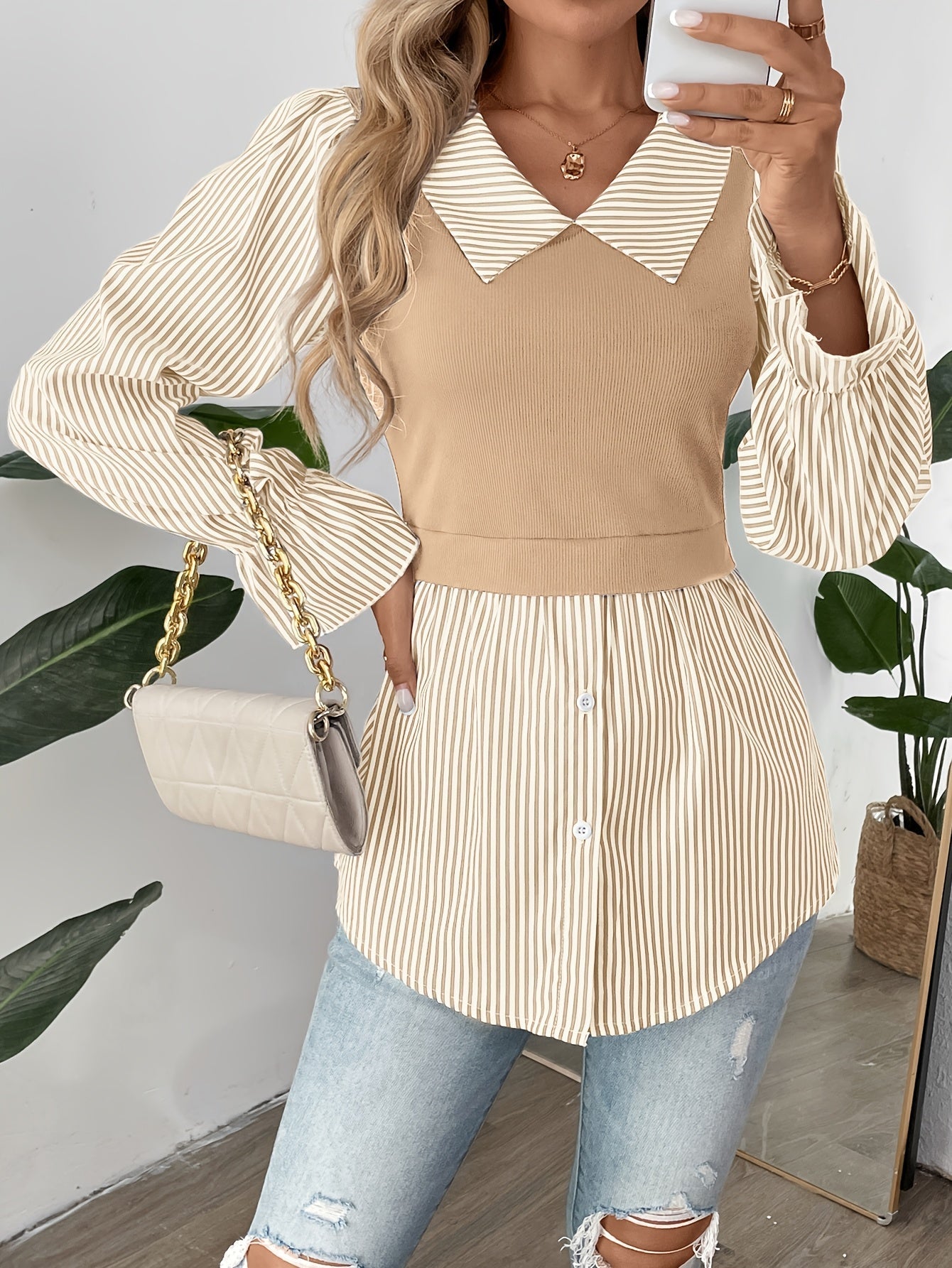 Delphine Striped Blouse with Contrast Knit Bodice