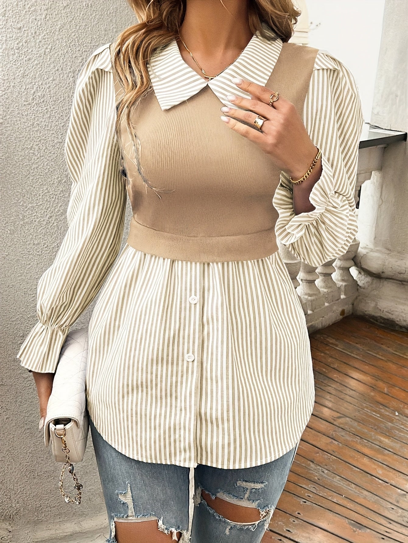 Delphine Striped Blouse with Contrast Knit Bodice