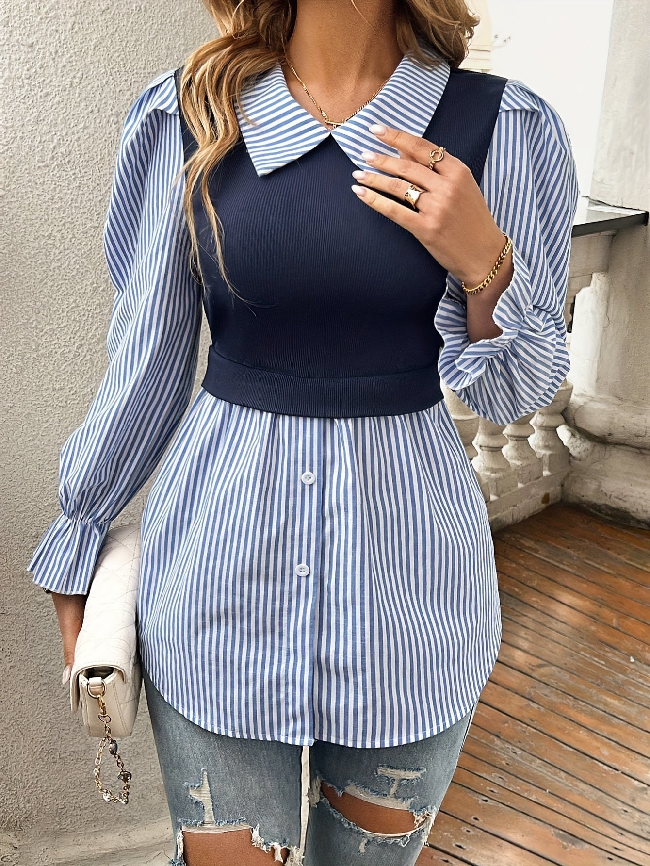 Delphine Striped Blouse with Contrast Knit Bodice