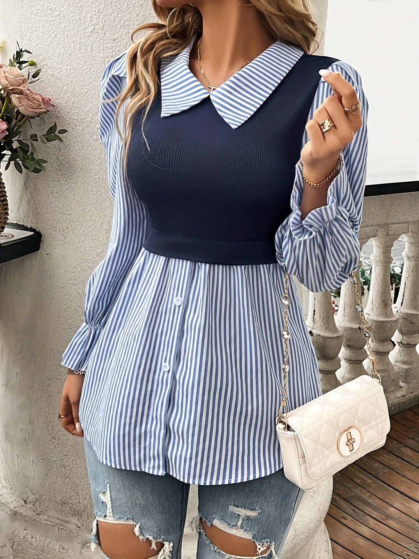 Delphine Striped Blouse with Contrast Knit Bodice - Blue