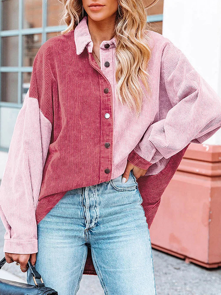 Edna Two-Tone Corduroy Blouse with Button Front