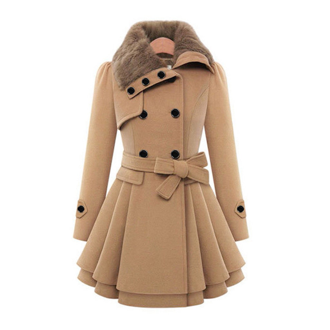 Eliza Double-Breasted Coat with Bow Belt and Flared Hem - Khaki
