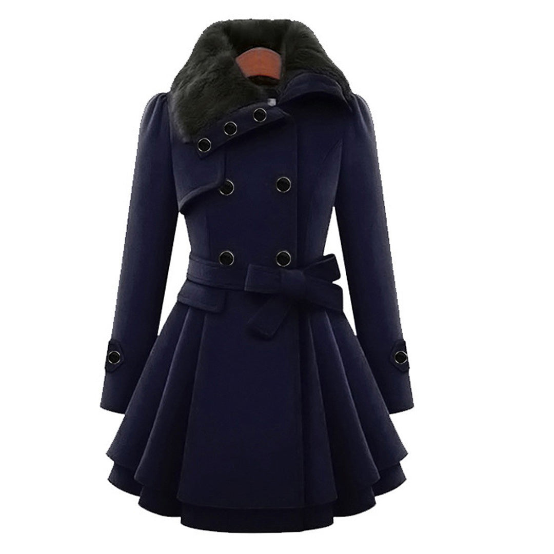Eliza Double-Breasted Coat with Bow Belt and Flared Hem