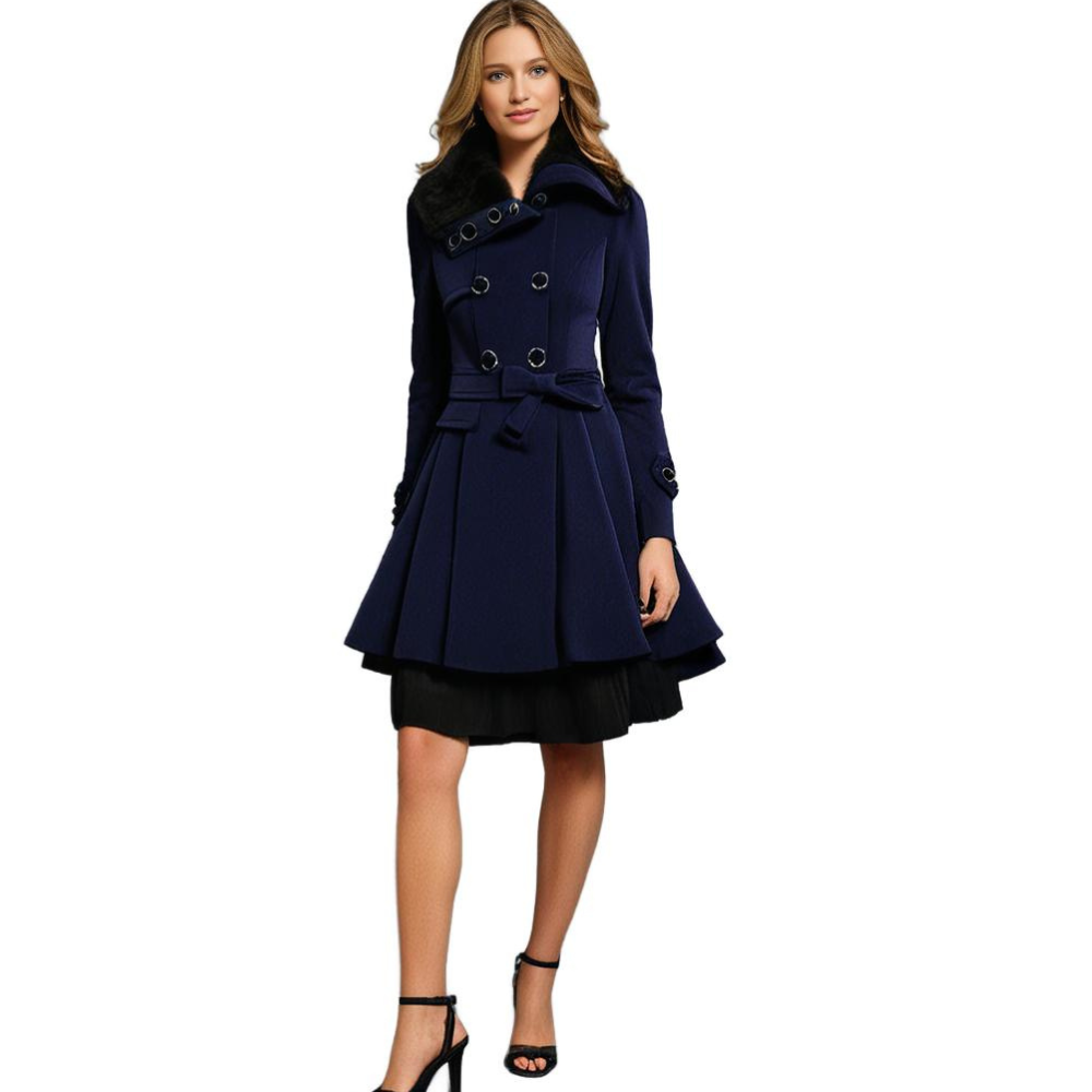 Eliza Double-Breasted Coat with Bow Belt and Flared Hem