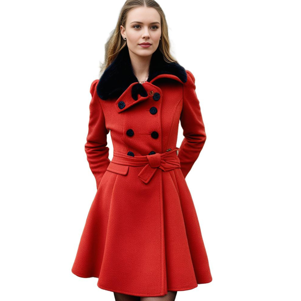 Eliza Double-Breasted Coat with Bow Belt and Flared Hem