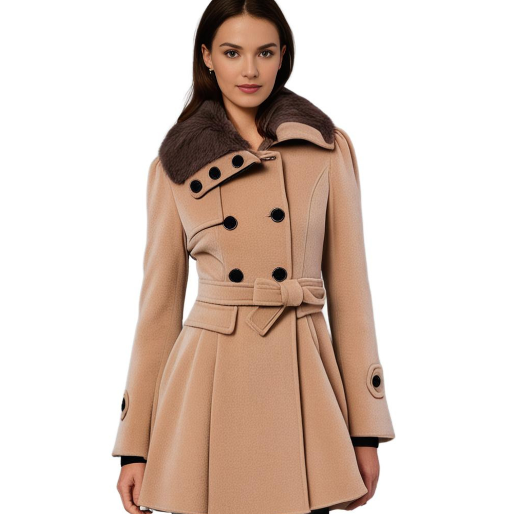 Eliza Double-Breasted Coat with Bow Belt and Flared Hem