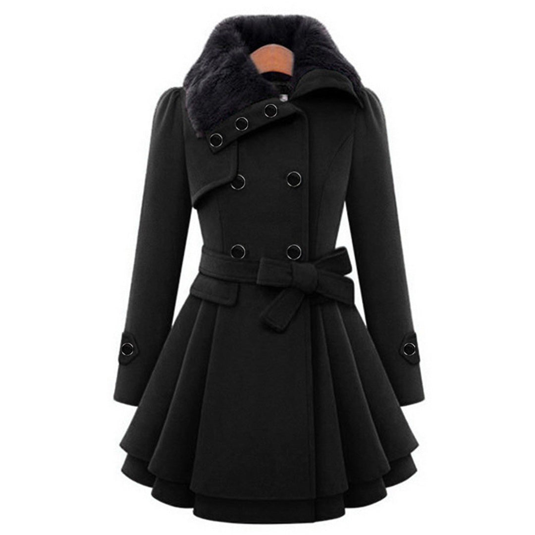 Eliza Double-Breasted Coat with Bow Belt and Flared Hem - Black