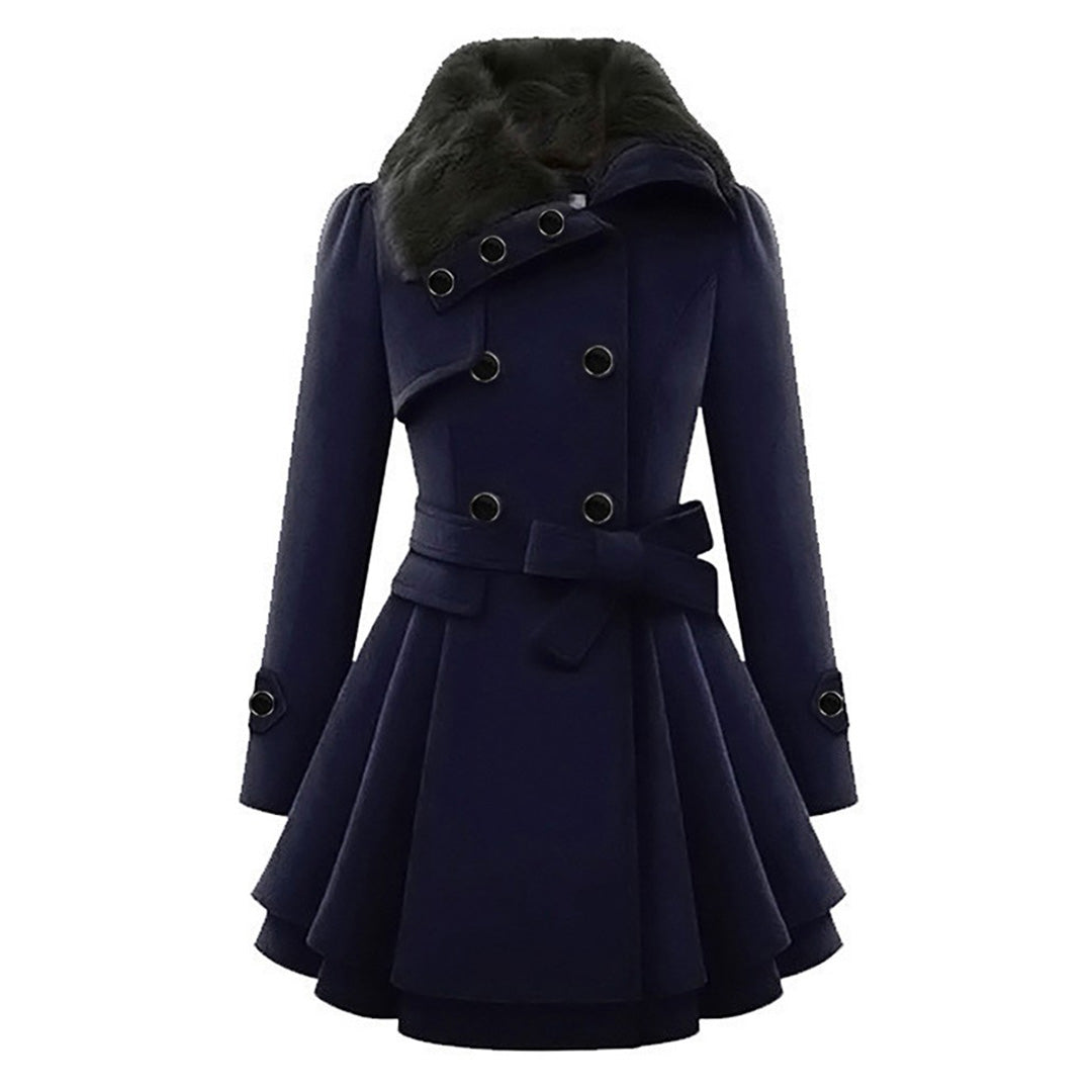 Eliza Double-Breasted Coat with Bow Belt and Flared Hem - Blue