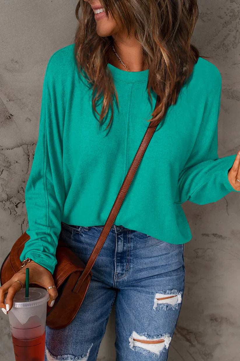 Fiona Oversized Knit Top with Crew Neckline for Women - Turquoise