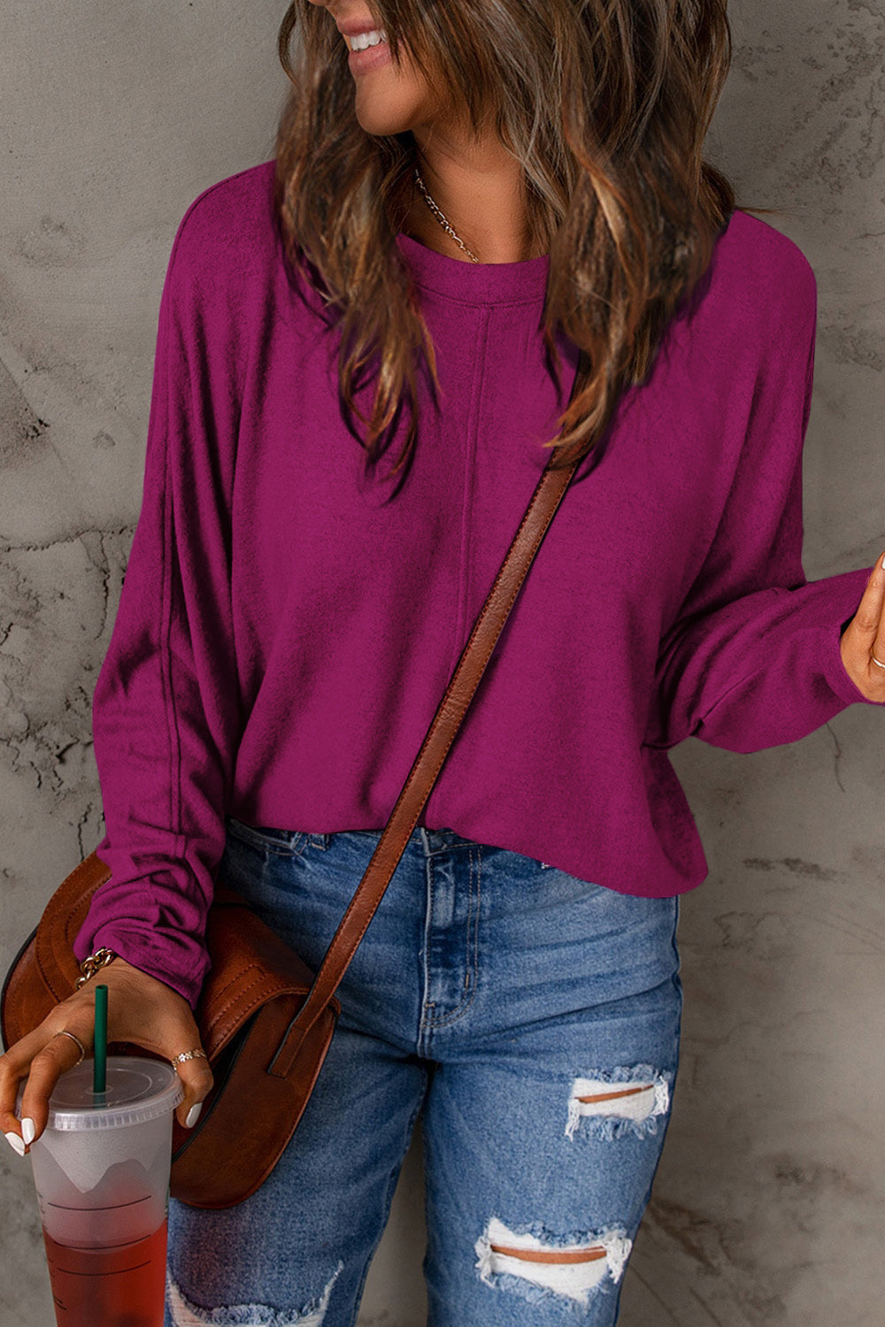 Fiona Oversized Knit Top with Crew Neckline for Women - Magenta