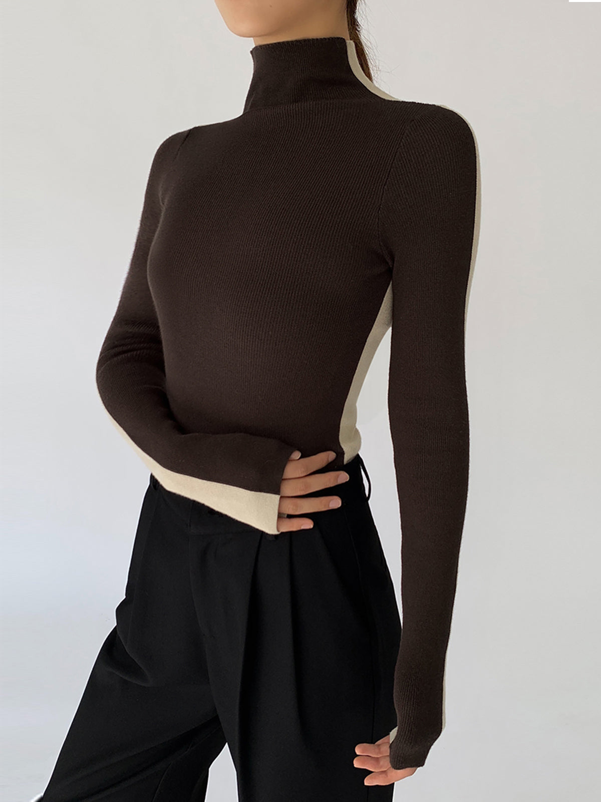 Giselle Fitted Turtleneck Top with Contrast Trim - Dark Brown & White