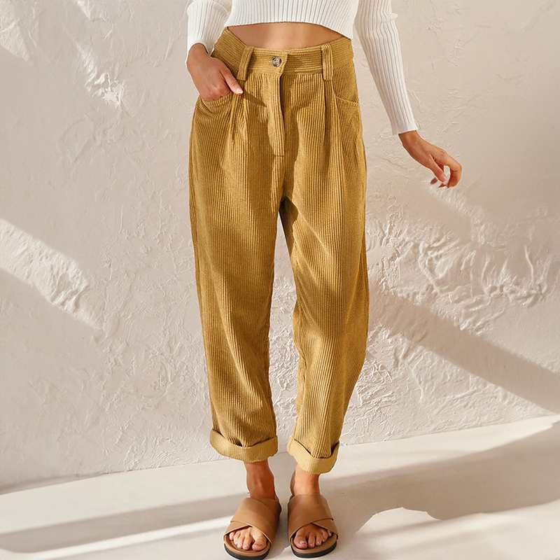Grace Corduroy Pants with High Waist and Cuffed Hem - Sunbeam Yellow