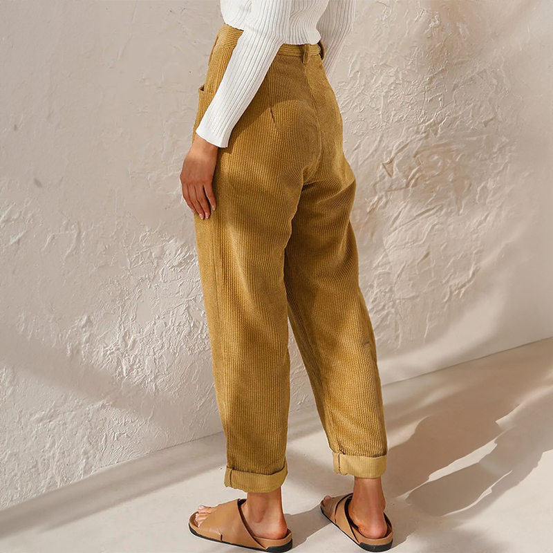 Grace Corduroy Pants with High Waist and Cuffed Hem