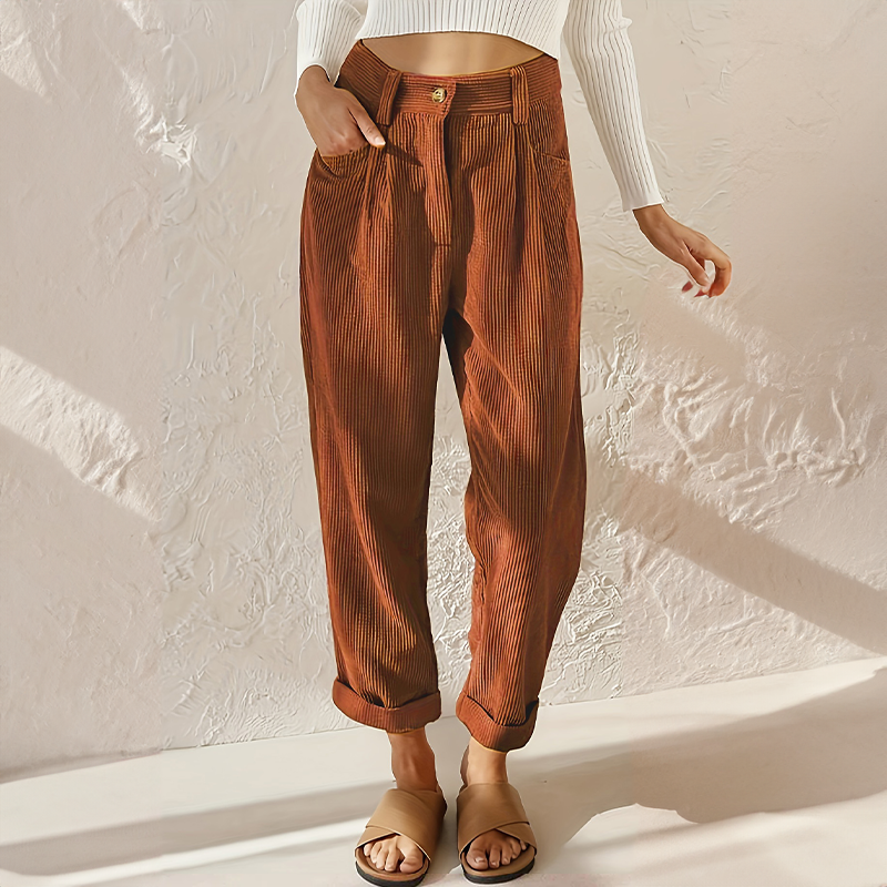 Grace Corduroy Pants with High Waist and Cuffed Hem - Brown Oak