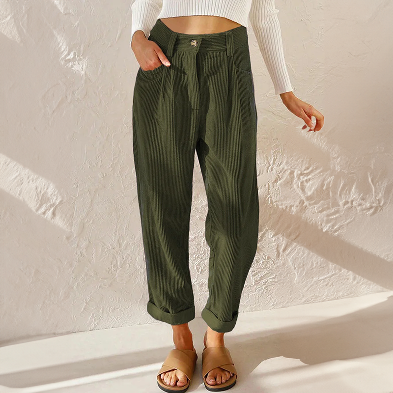 Grace Corduroy Pants with High Waist and Cuffed Hem - Ivy Green