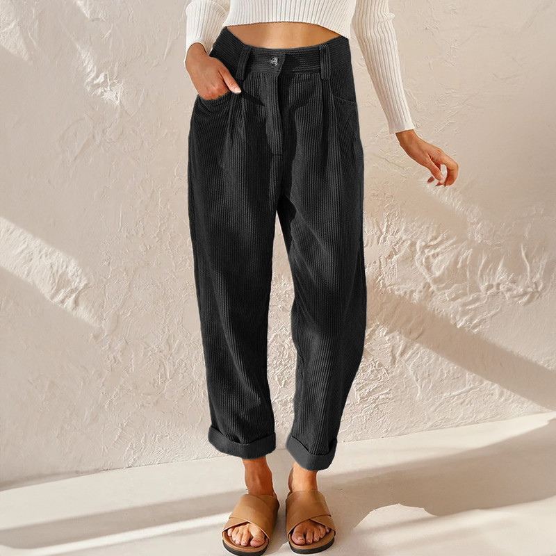 Grace Corduroy Pants with High Waist and Cuffed Hem - Midnight Black