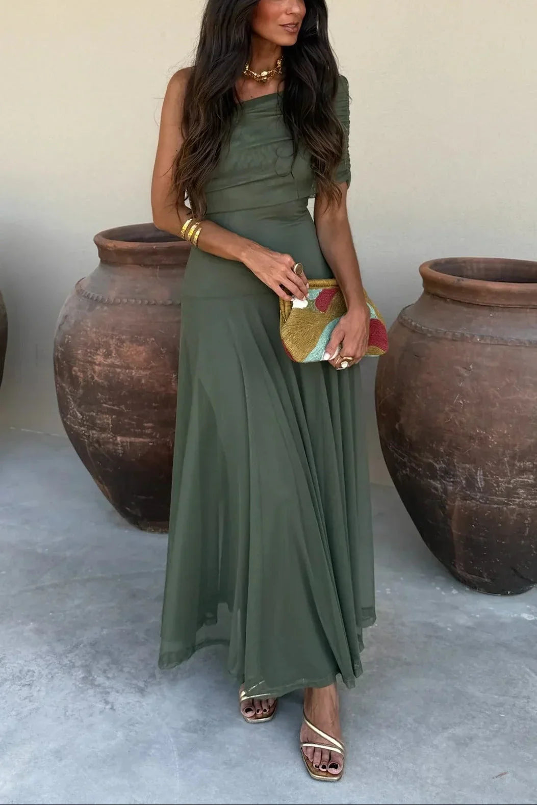 Greta Draped Maxi Dress with One-Shoulder Cut - Green