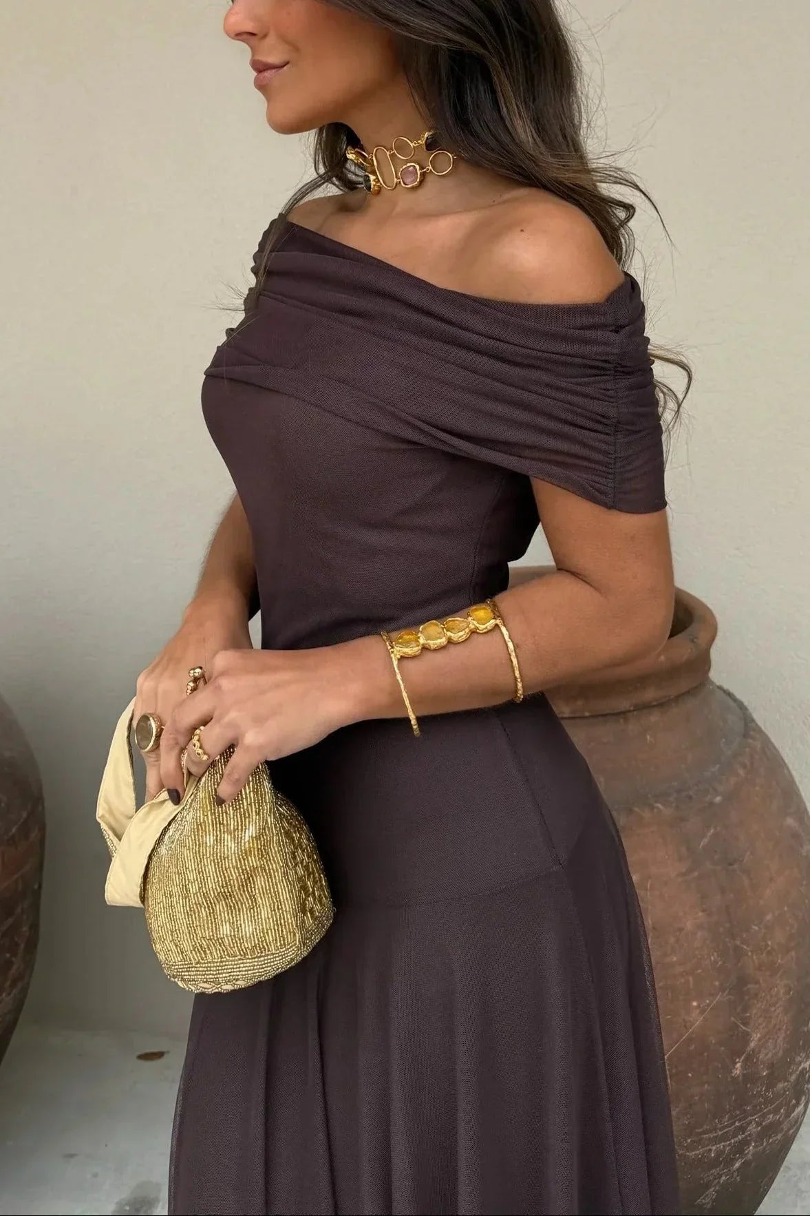Greta Draped Maxi Dress with One-Shoulder Cut