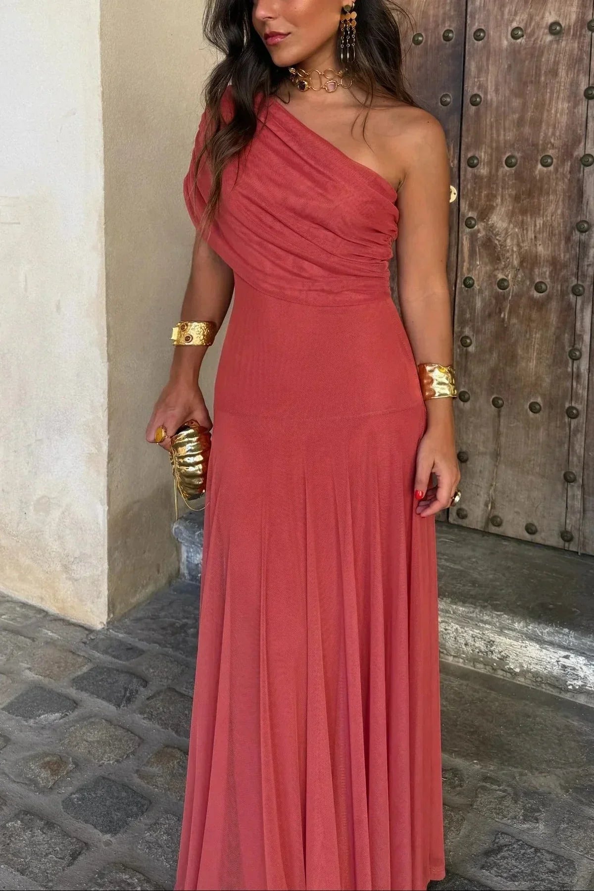 Greta Draped Maxi Dress with One-Shoulder Cut
