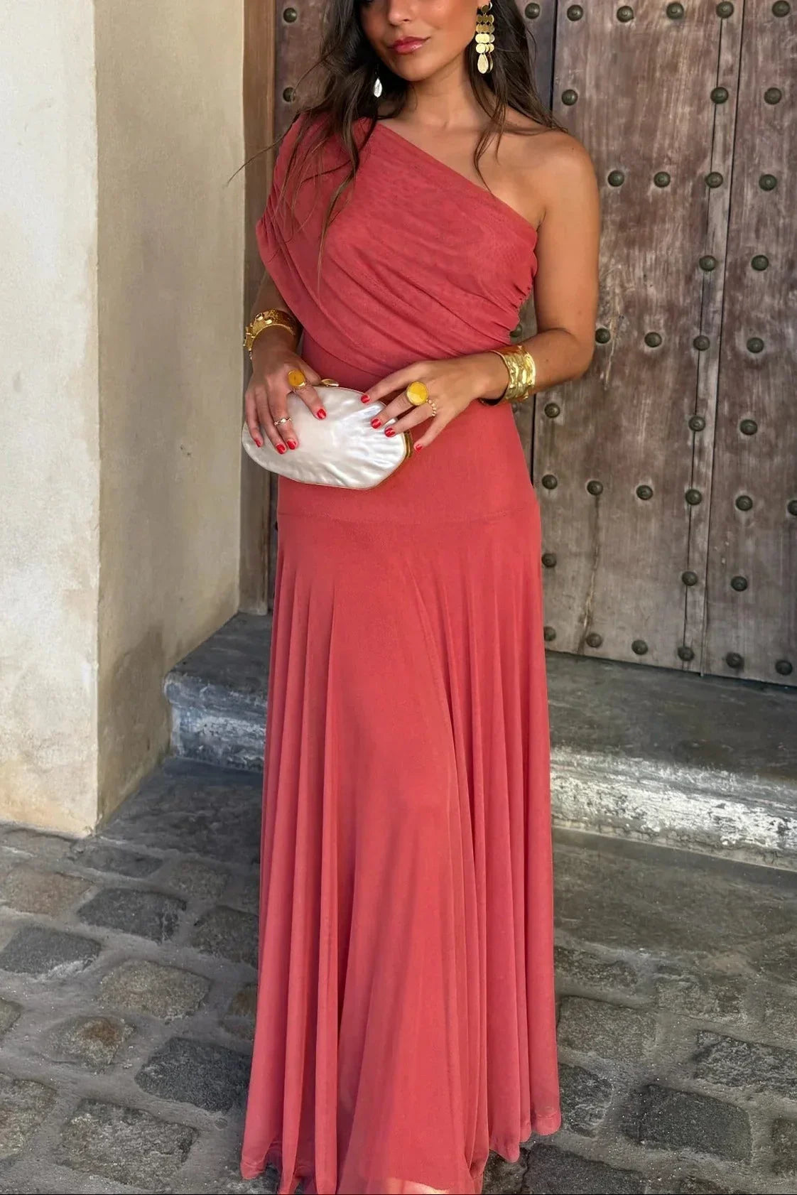Greta Draped Maxi Dress with One-Shoulder Cut