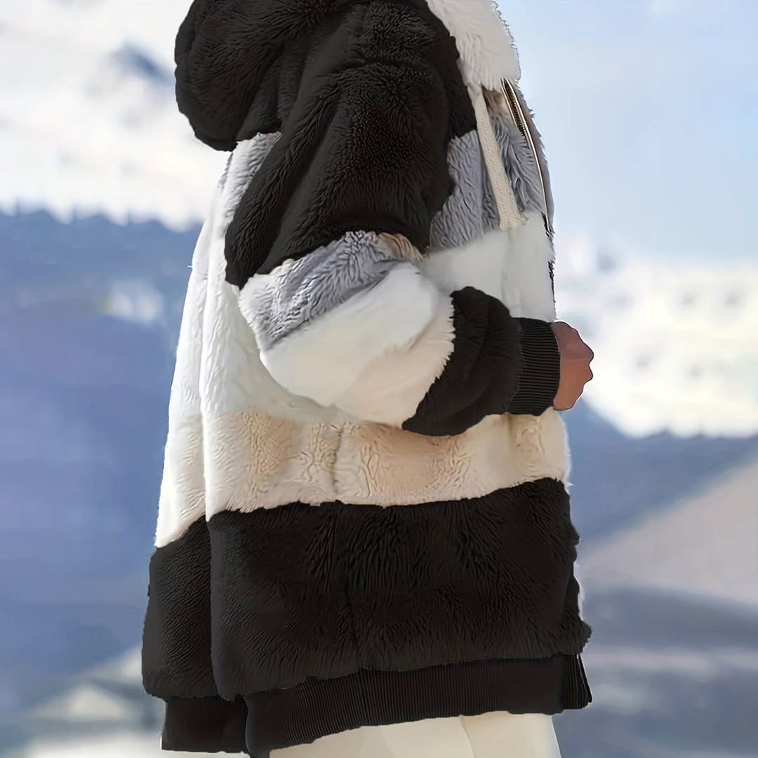 Harriet Teddy Jacket with Hood and Color-Block Stripes